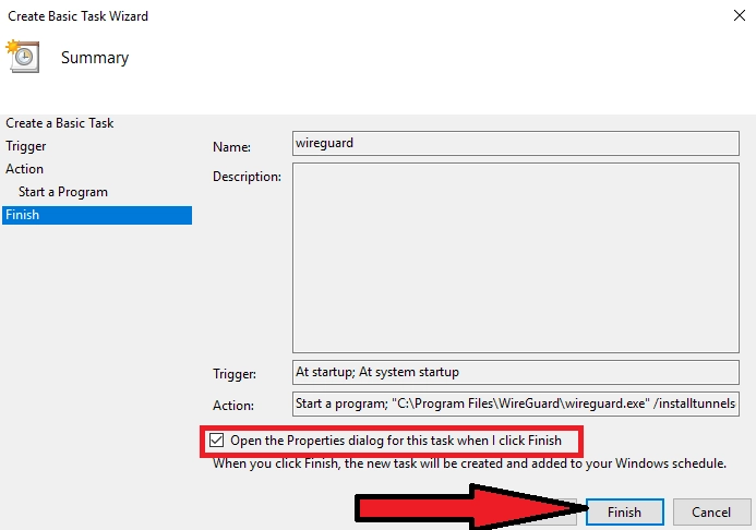 Autostart WireGuard Windows properties