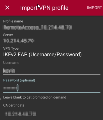 Import the script into strongSwan and enter username, password